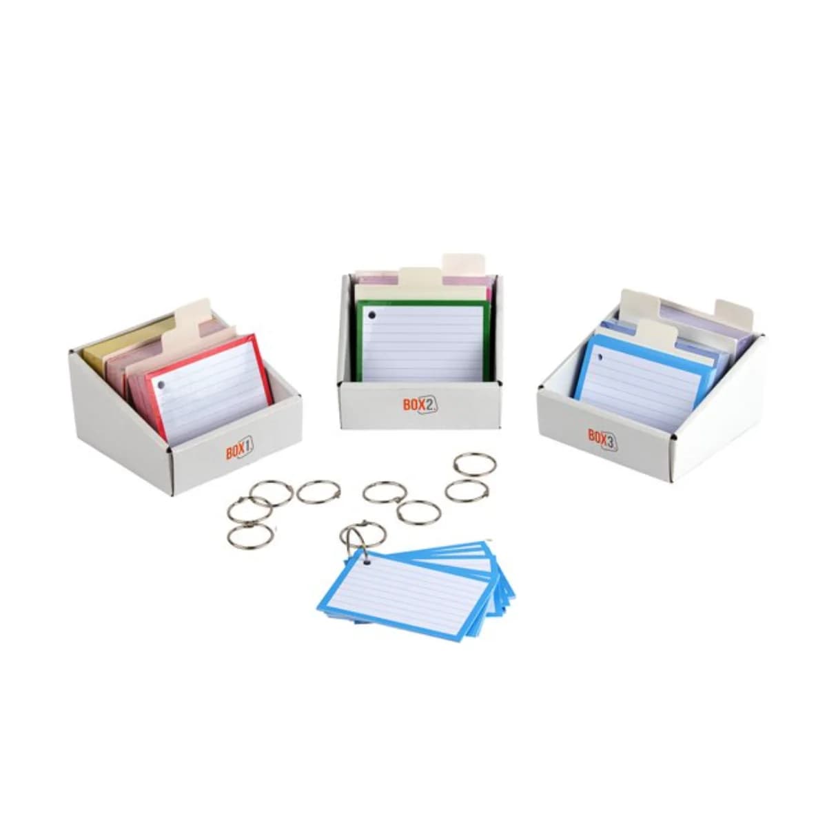 Set van 500 gekleurde A7 flashcards van flashcards.nl inclusief metalen klikringen en sorteerboxjes voor de Leitner methode