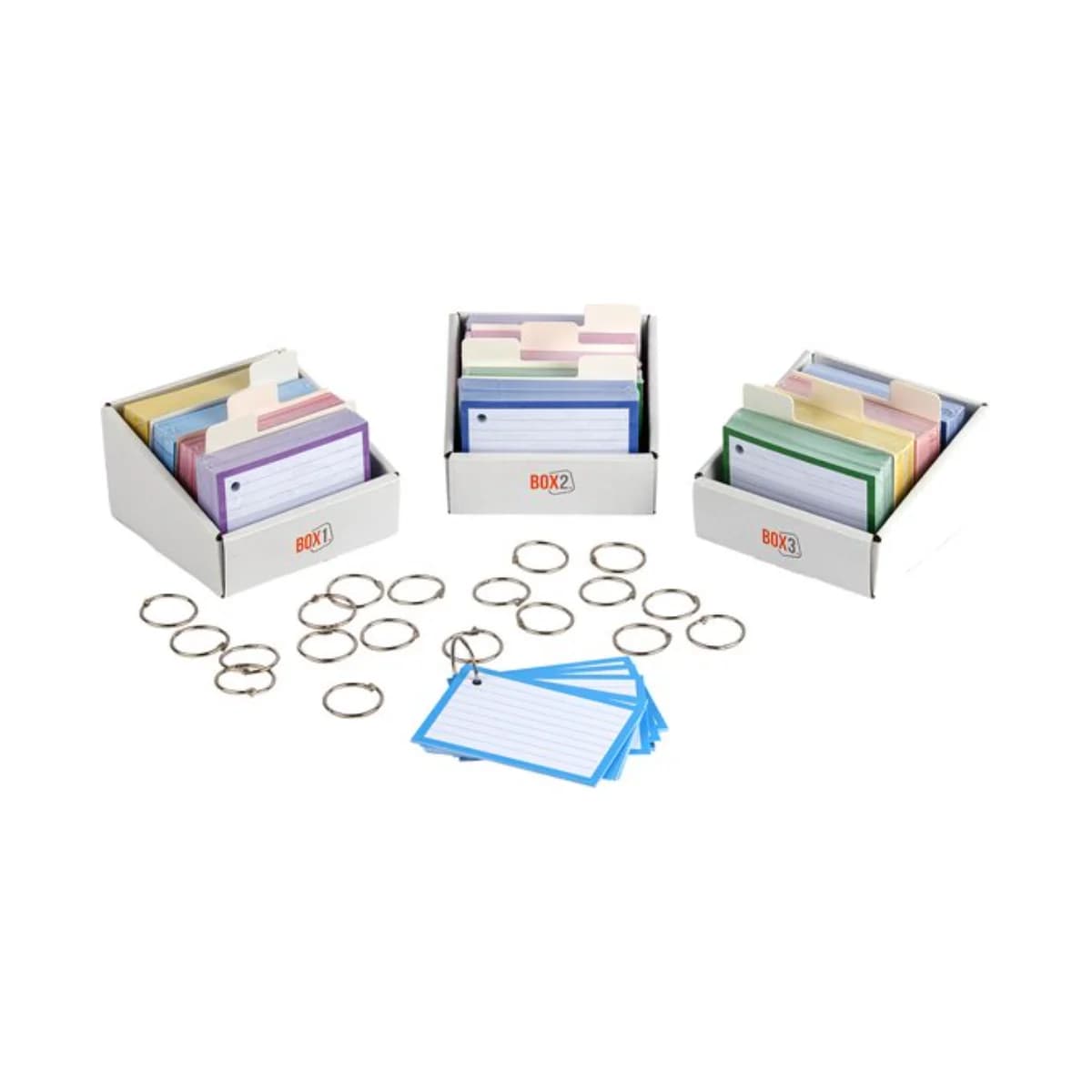 Compleet 1000 stuks flashcards schoolpakket A7 formaat met klikringen en opbergboxen