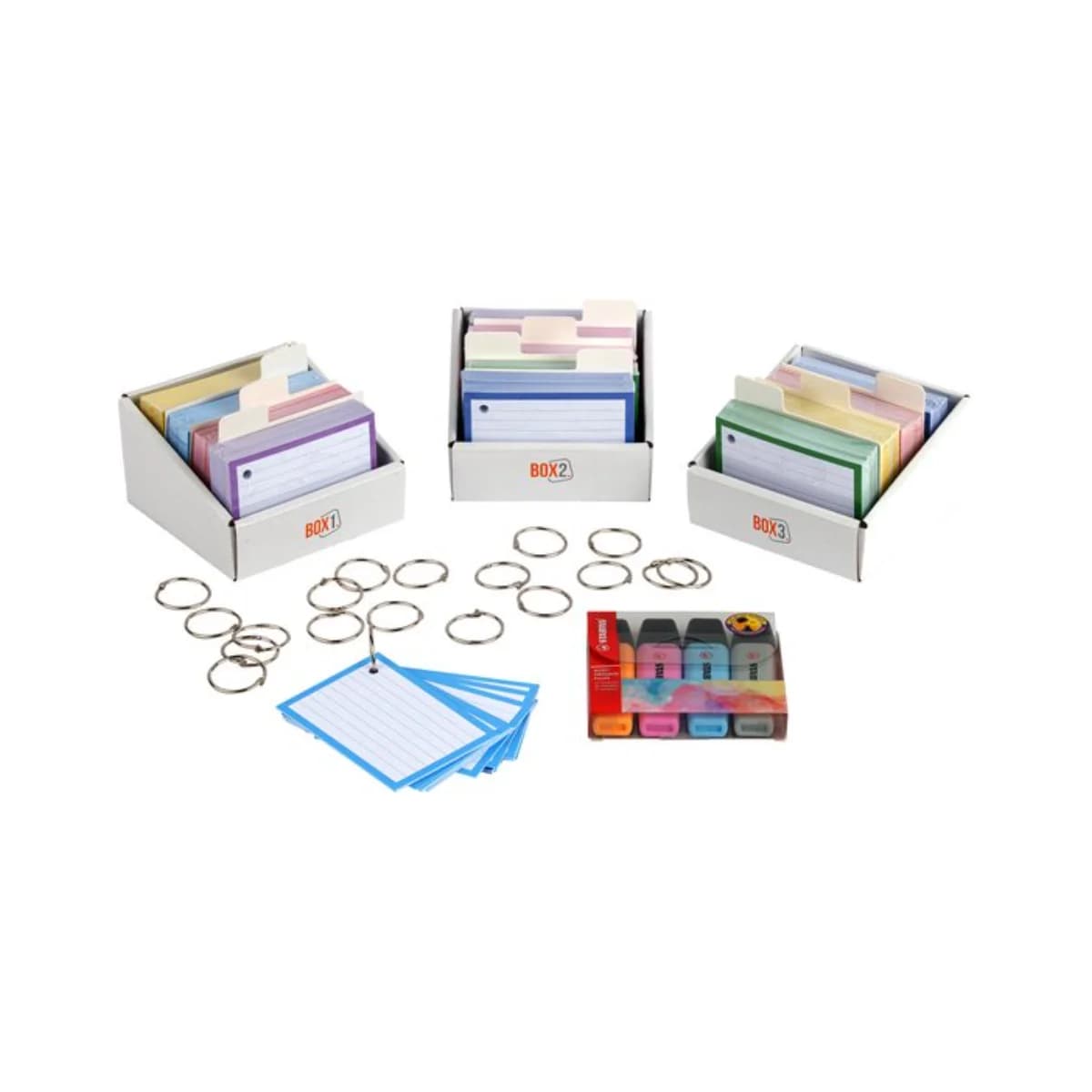 Compleet flashcards schoolpakket A7 met 1000 kaartjes, Stabilo stiften en Leitner boxjes op een bureau