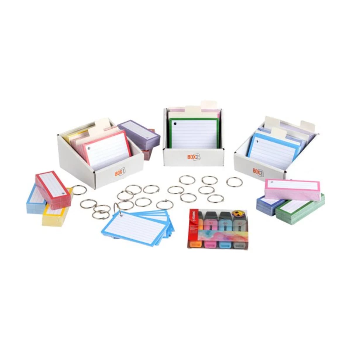 1000 Flashcards schoolpakket met perforatie - 4 stabilo stiften - 20 XL klikringen - 500 A7 en 500 A7 half - 3 genummerde boxjes en 24 tabbladen Duurzaam FSC-gecertificeerd 300 grams karton - afbeelding 1