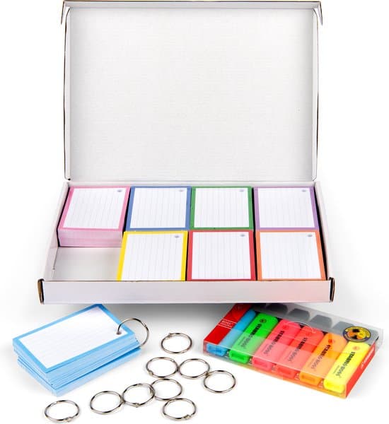 Markeerstift Boss Flashcards pakket 500 stuks A7 - 7.5x10.5 cm met perforatie - 10 XL ringen en 6 Stabilo stiften - FSC gecertificeerd duurzaam 300 grams karton - afbeelding 1