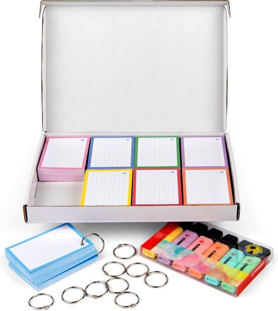 Markeerstift Pastel Flashcards pakket 500 stuks A7 - 7.5x10.5 cm met perforatie - 10 XL ringen en 6 Stabilo stiften - FSC gecertificeerd duurzaam 300 grams karton - afbeelding 1