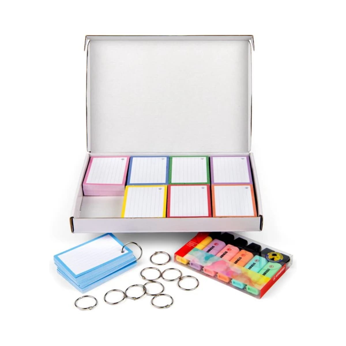 Markeerstift Pastel Flashcards pakket 500 stuks A7 - 7.5x10.5 cm met perforatie - 10 XL ringen en 6 Stabilo stiften - FSC gecertificeerd duurzaam 300 grams karton - afbeelding 1