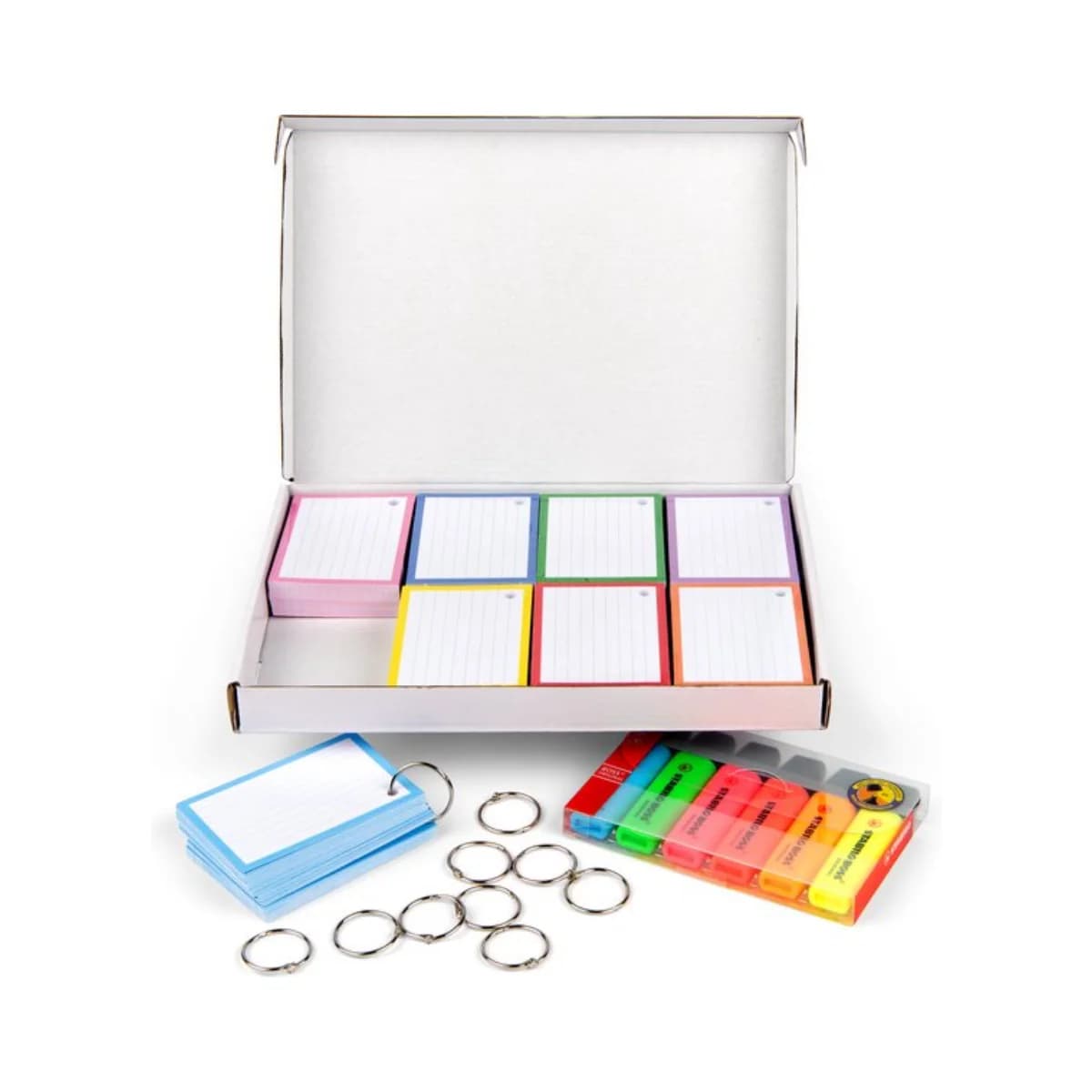 Markeerstift Boss Flashcards pakket 500 stuks A7 - 7.5x10.5 cm met perforatie - 10 XL ringen en 6 Stabilo stiften - FSC gecertificeerd duurzaam 300 grams karton - afbeelding 1